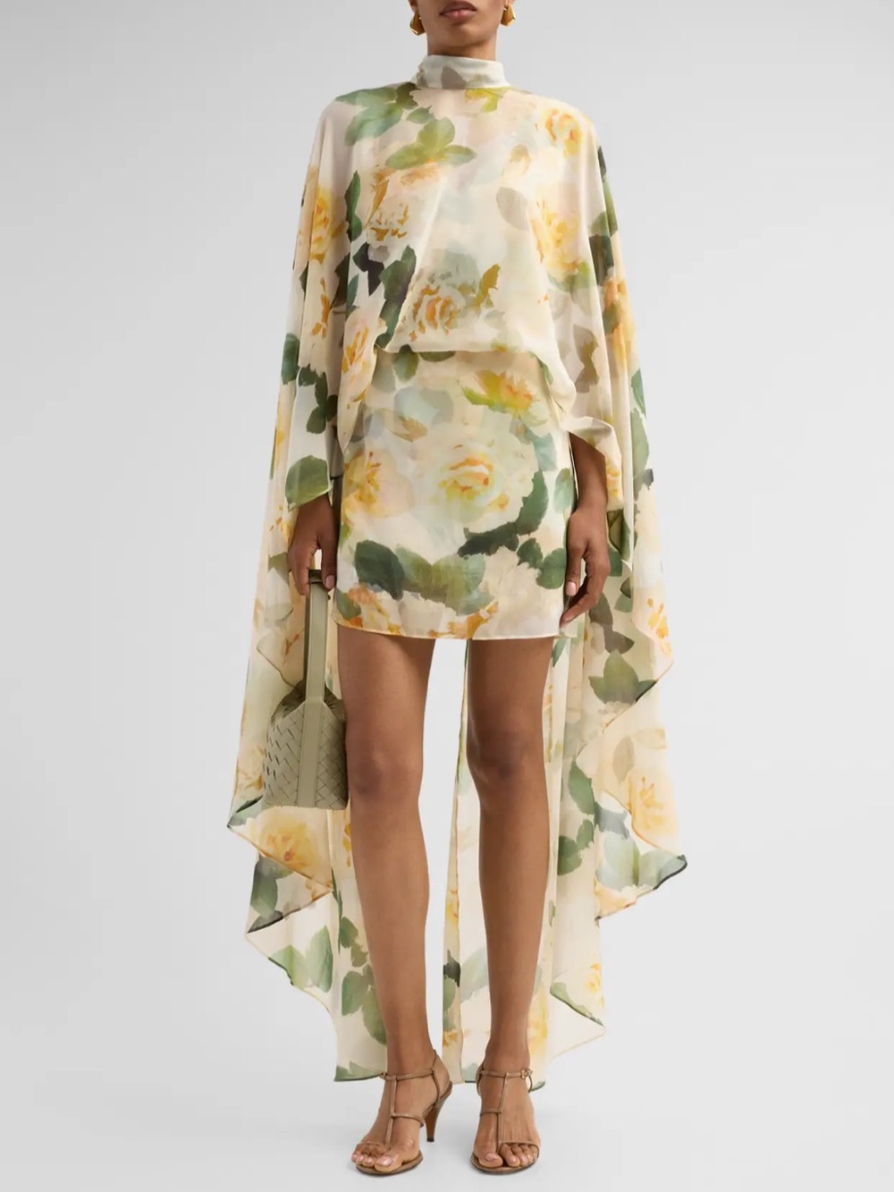 Ungaro NWT Cream Floral Mini Dress with Yellow and Green Print Cape